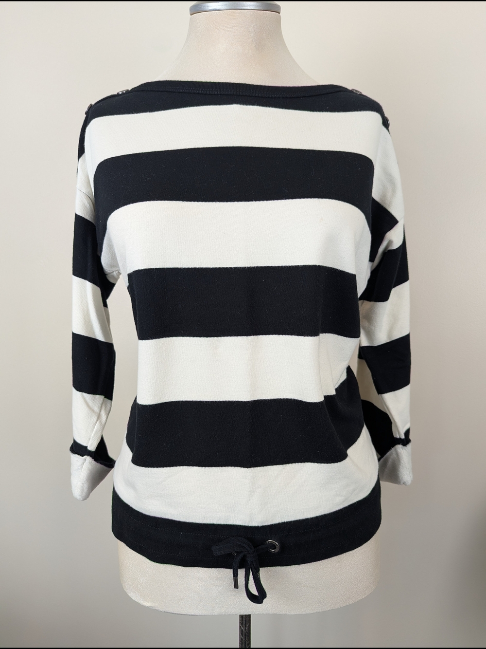 Lauren Ralph Lauren Black and White Boat Neck 3/4 Sleeve Jersey Knit Sweater
